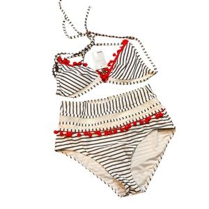Women’s 2 Piece White w/Blue Stripes and Red Trim Bathing Suit by Cocoship SZ 12